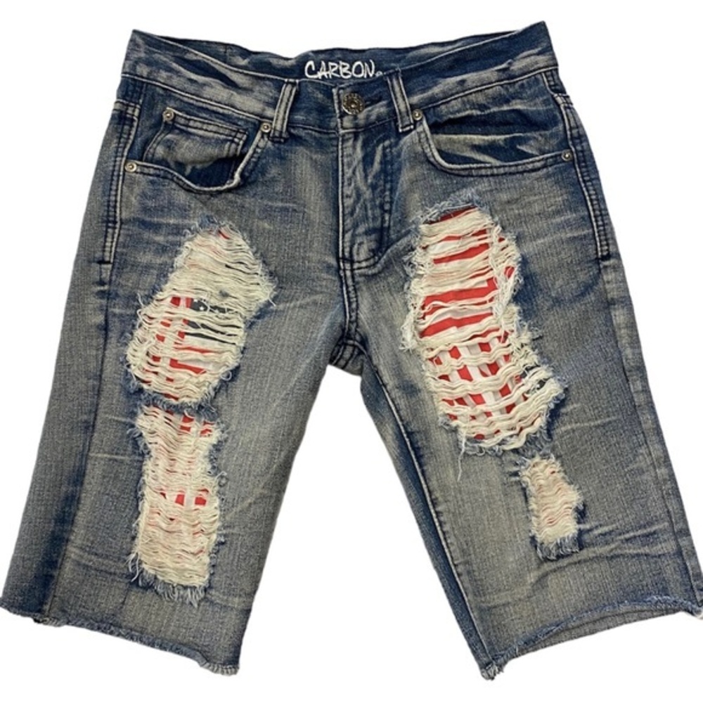 Carbon Denim Shorts‎ Blue Distressed American Flag Patriotic Festival Mens 26